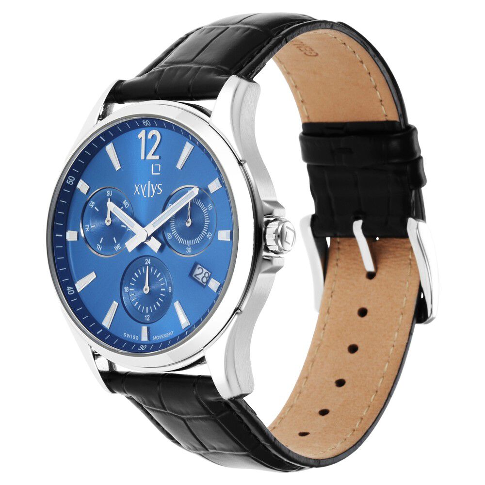 Xylys Swiss Multifunction Black Leather Strap Blue Dial Watch For Men NS40054SL02E