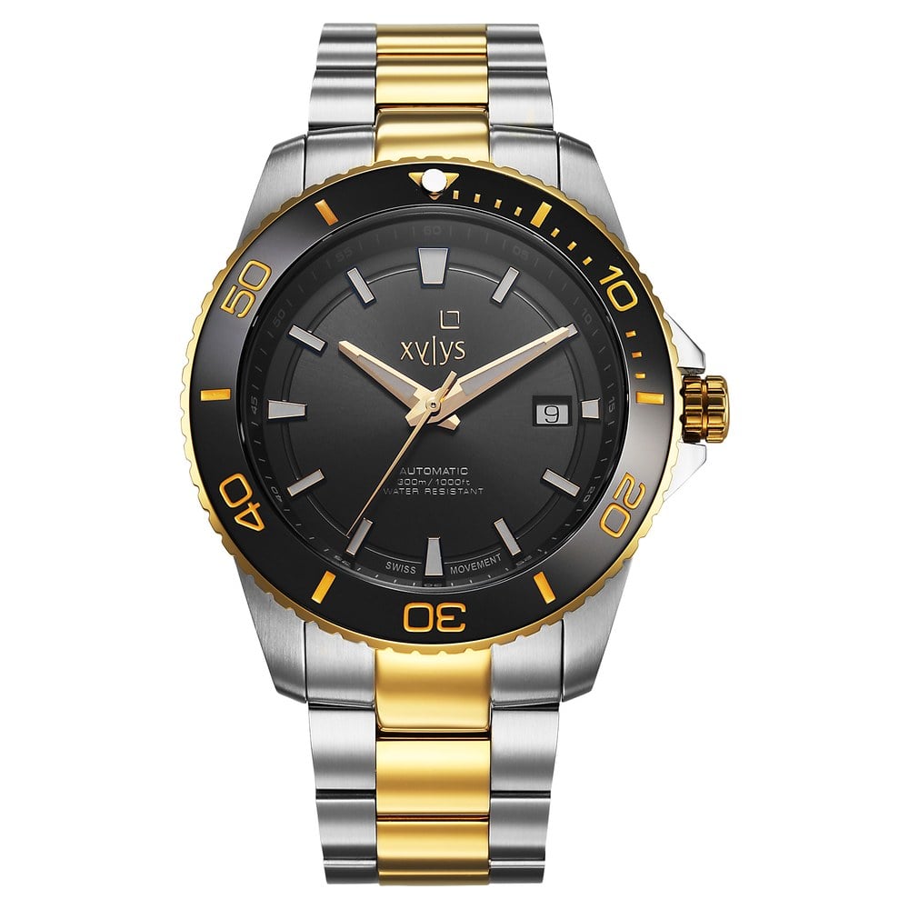 Xylys Automatic Analog Watch with Date, Black Dial, Two-Toned Strap
