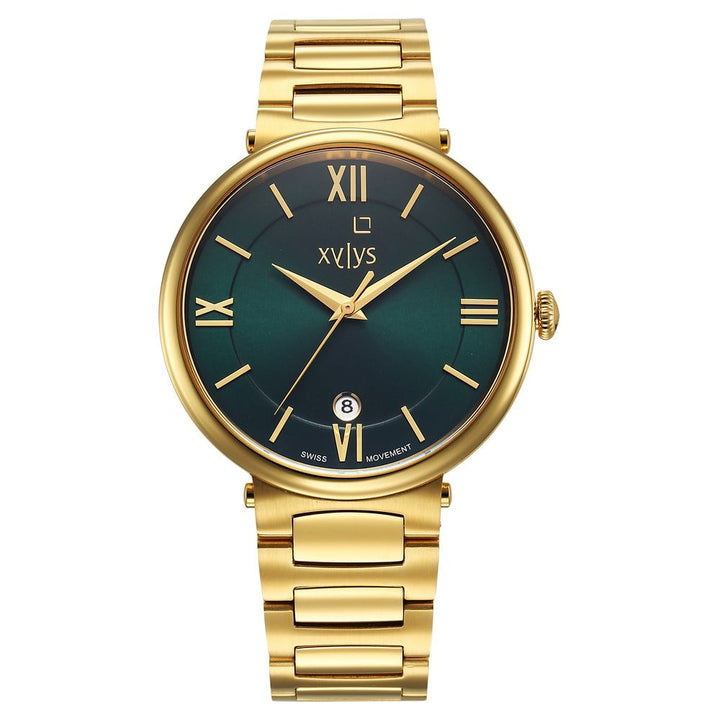Xylys Quartz Analog Date Watch - Green Dial, Golden Steel Strap