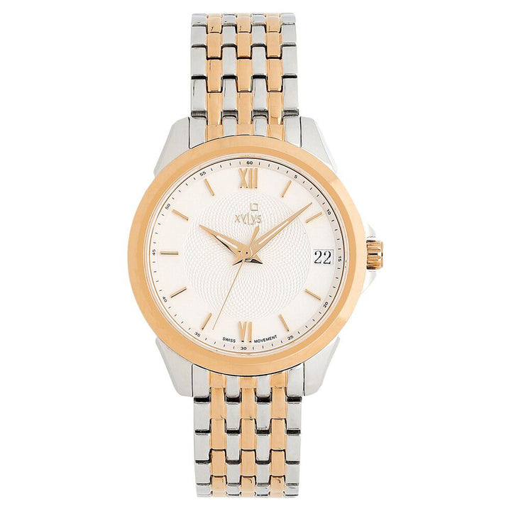 Xylys Swiss Analog with Date Two Toned Stainless Steel Strap White Dial Watch for Women NS45012KM01E