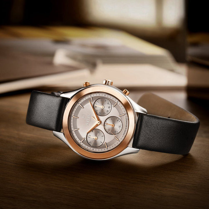 Xylys Swiss Multifunction Black Leather Strap Silver Dial Watch For Women NS45017KL01E