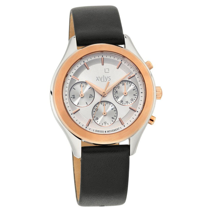 Xylys Swiss Multifunction Black Leather Strap Silver Dial Watch For Women NS45017KL01E