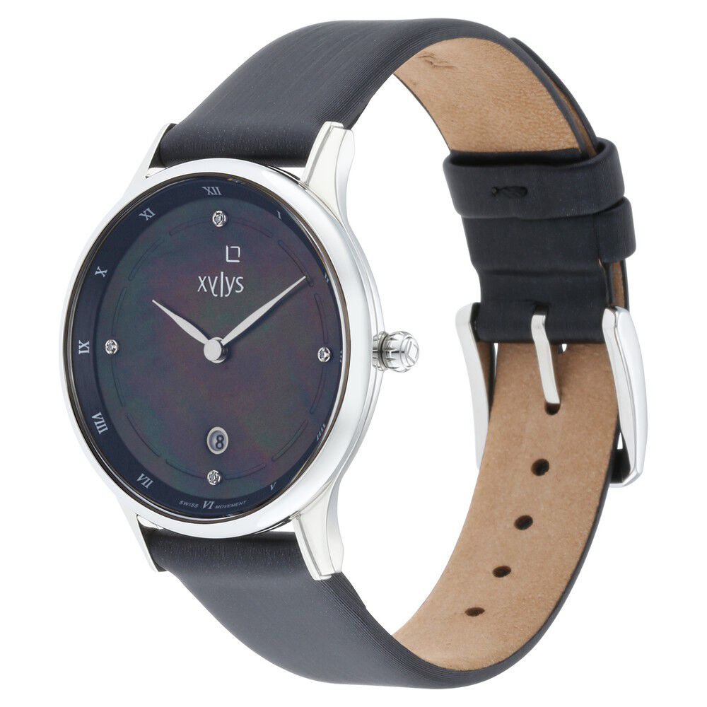 Xylys Swiss Analog with Date Black Leather Strap Mother of Pearl Dial Watch For Women NS45018SL02E