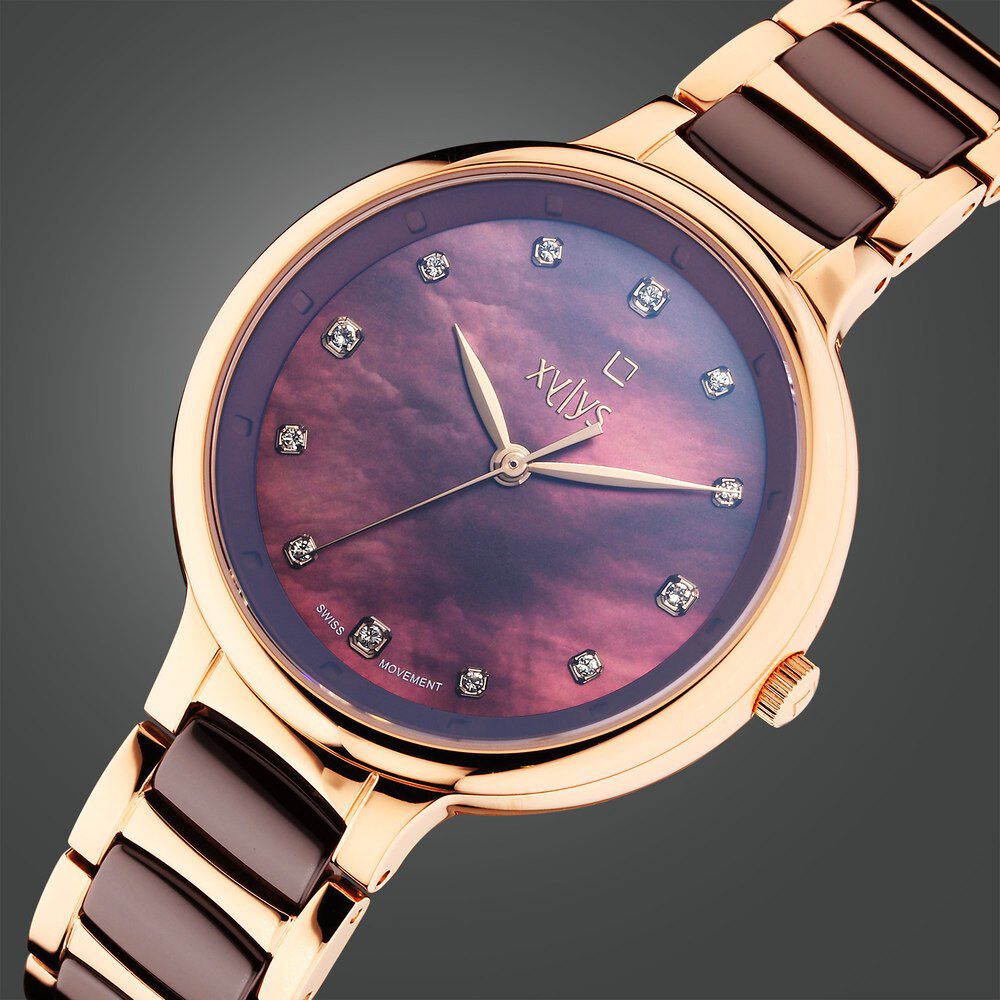 Xylys Swiss Analog Rose Gold Steel And Ceramic Strap Mother Of Pearl Dial Watch For Women 45022KD01E