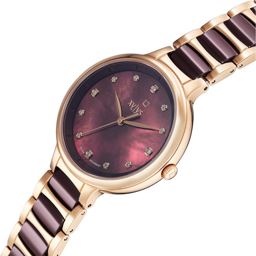 Xylys Swiss Analog Rose Gold Steel And Ceramic Strap Mother Of Pearl Dial Watch For Women 45022KD01E