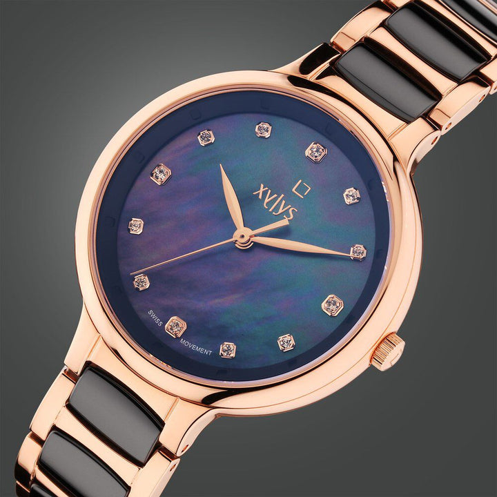 Xylys Swiss Analog Rose Gold Steel And Ceramic Strap Mother Of Pearl Dial Watch For Women 45022KD02E