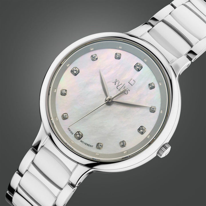 Xylys Swiss Analog White Steel And Ceramic Strap Mother Of Pearl Dial Watch For Women 45022SD01E