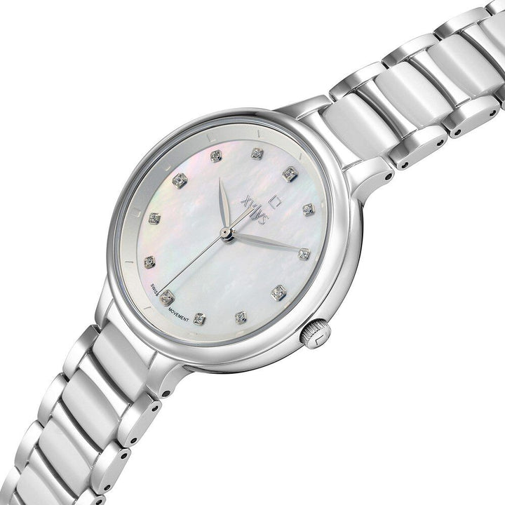 Xylys Swiss Analog White Steel And Ceramic Strap Mother Of Pearl Dial Watch For Women 45022SD01E