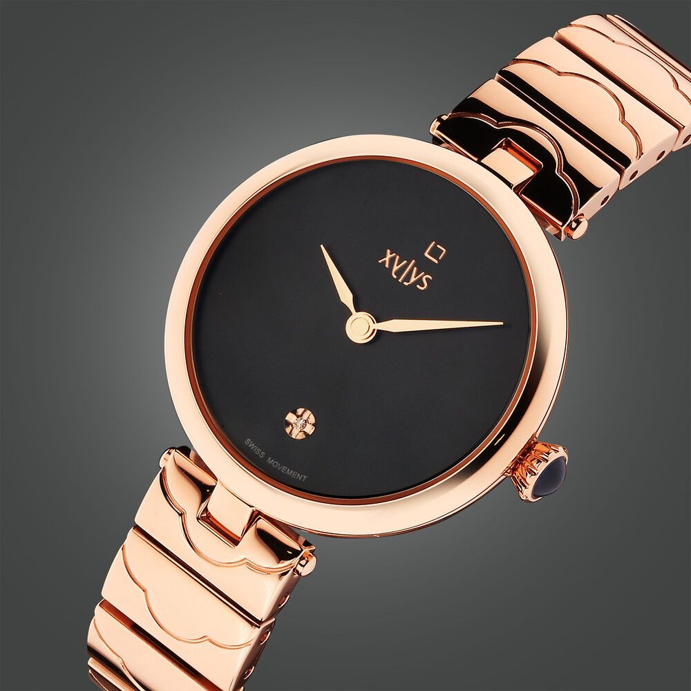 Xylys Swiss Analog Rose Gold Stainless Steel Strap Black Dial Watch For Women 45023WM02E