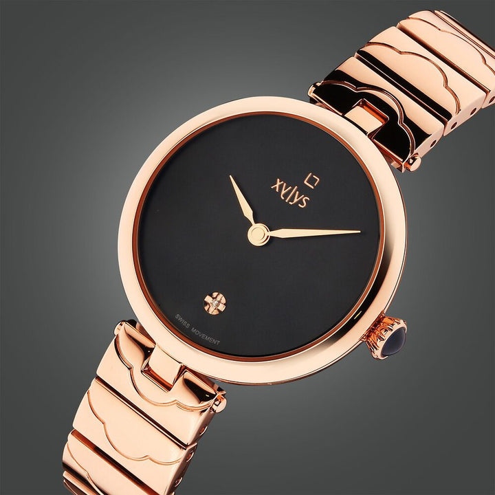 Xylys Swiss Analog Rose Gold Stainless Steel Strap Black Dial Watch For Women 45023WM02E