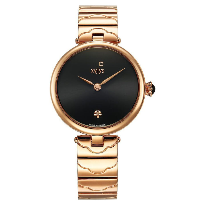 Xylys Swiss Analog Rose Gold Stainless Steel Strap Black Dial Watch For Women 45023WM02E