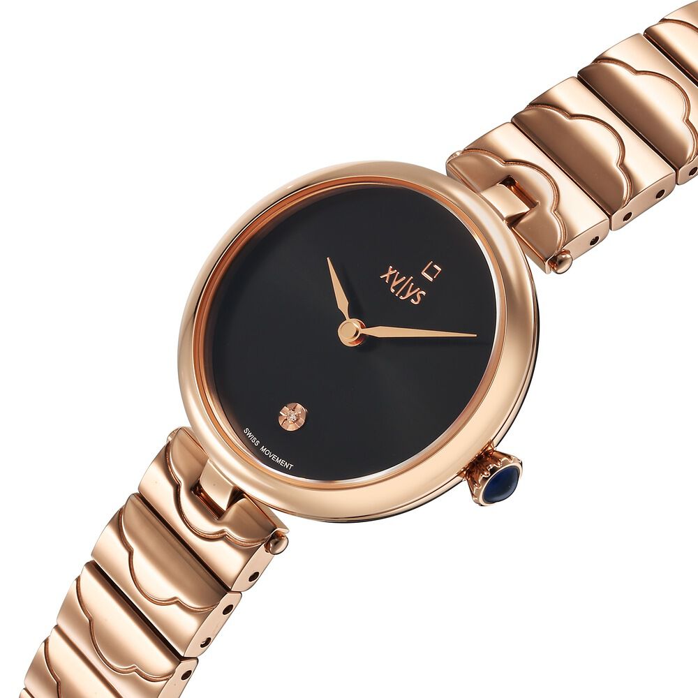 Xylys Swiss Analog Rose Gold Stainless Steel Strap Black Dial Watch For Women 45023WM02E