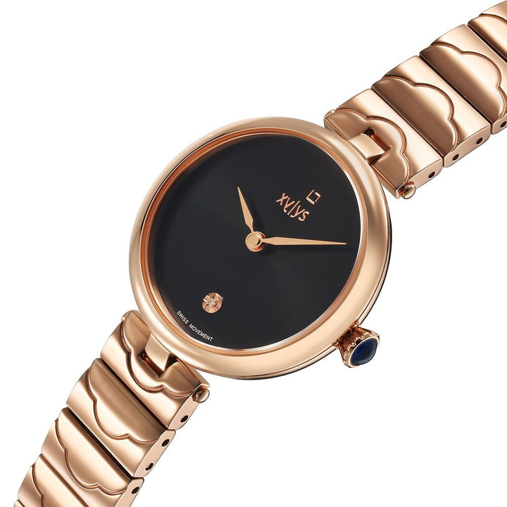 Xylys Swiss Analog Rose Gold Stainless Steel Strap Black Dial Watch For Women 45023WM02E