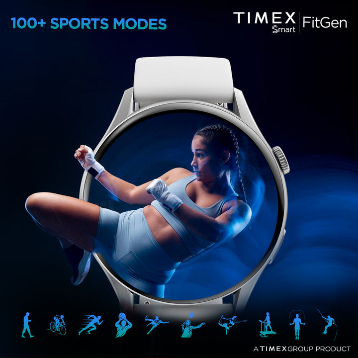 Timex FitGen 1.43" Round AMOLED Smartwatch With 466x466 Pixel Resolution|Single Sync Bluetooth Calling| Rotating Crown| Metallic Body|Always On Display|AI Voice Assist|100+ Sports Modes|200+ Watchfaces|Upto 7 Days Battery(Normal Usage) - TWTXW502T