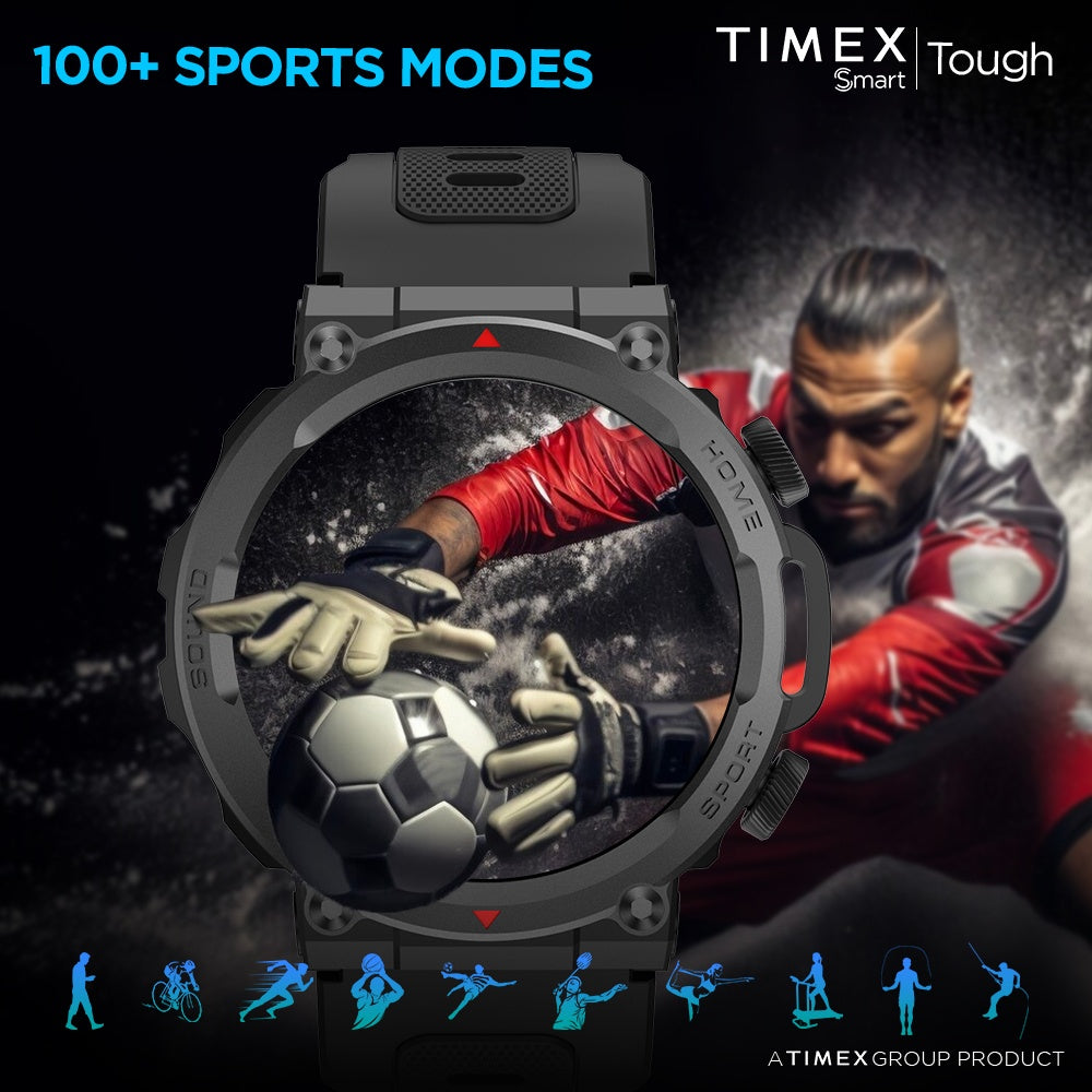 Timex Tough 1.43” Round AMOLED Rugged Smartwatch With 466x466 Pixel Resolution| Functional Crown|Bluetooth Calling| Metallic Body|Always On Display|AI Voice Assist|100+ Sports Modes|100+ Watchfaces|Upto 7 Days Battery(Normal Usage) - TWTXW602T