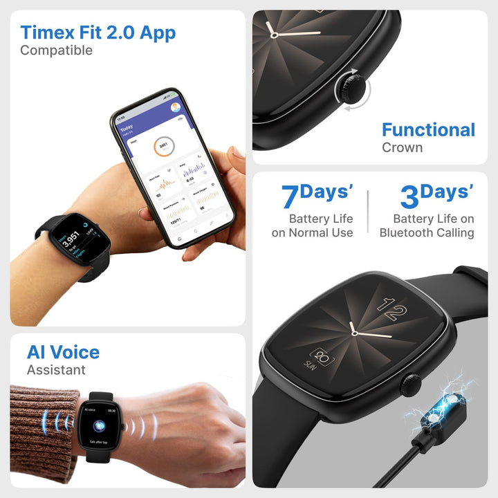 Timex IConnect Calling Ace+ 1.83"(4.6 Cm) 3D UI Display With Functional Crown And BT Calling Smartwatch For Unisex - TWIXW1500T