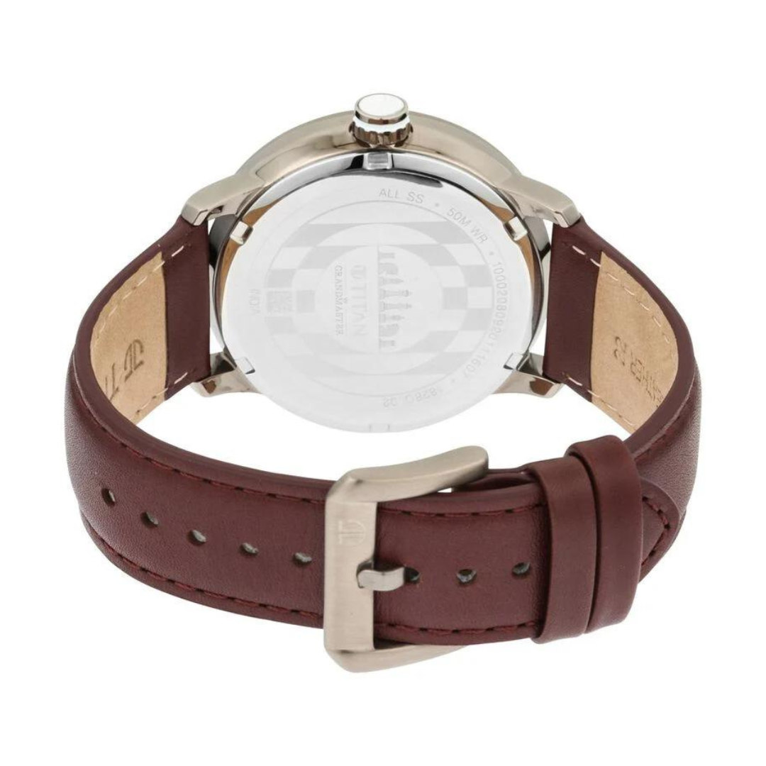 Titan Grandmaster White Dial Quartz Analog Leather Strap Watch for Men 1828QL02 / NS1828QL02