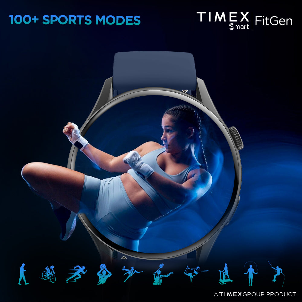 Timex FitGen 1.43" Round AMOLED Smartwatch With 466x466 Pixel Resolution|Single Sync Bluetooth Calling| Rotating Crown| Metallic Body|Always On Display|AI Voice Assist|100+ Sports Modes|200+ Watchfaces|Upto 7 Days Battery(Normal Usage) - TWTXW501T