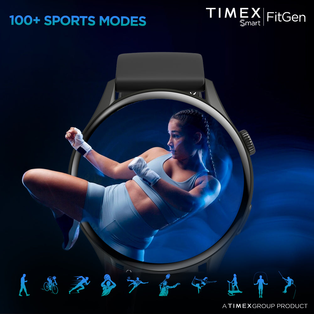 Timex FitGen 1.43" Round AMOLED Smartwatch With 466x466 Pixel Resolution|Single Sync Bluetooth Calling| Rotating Crown| Metallic Body|Always On Display|AI Voice Assist|100+ Sports Modes|200+ Watchfaces|Upto 7 Days Battery(Normal Usage) - TWTXW500T