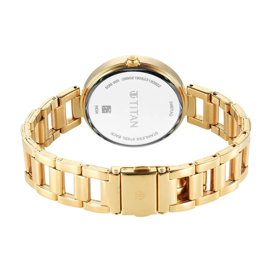 Titan Workwear Quartz Analog White Dial Golden Stainless Steel Strap Watch for Women 2480YM03 / NS2480YM03