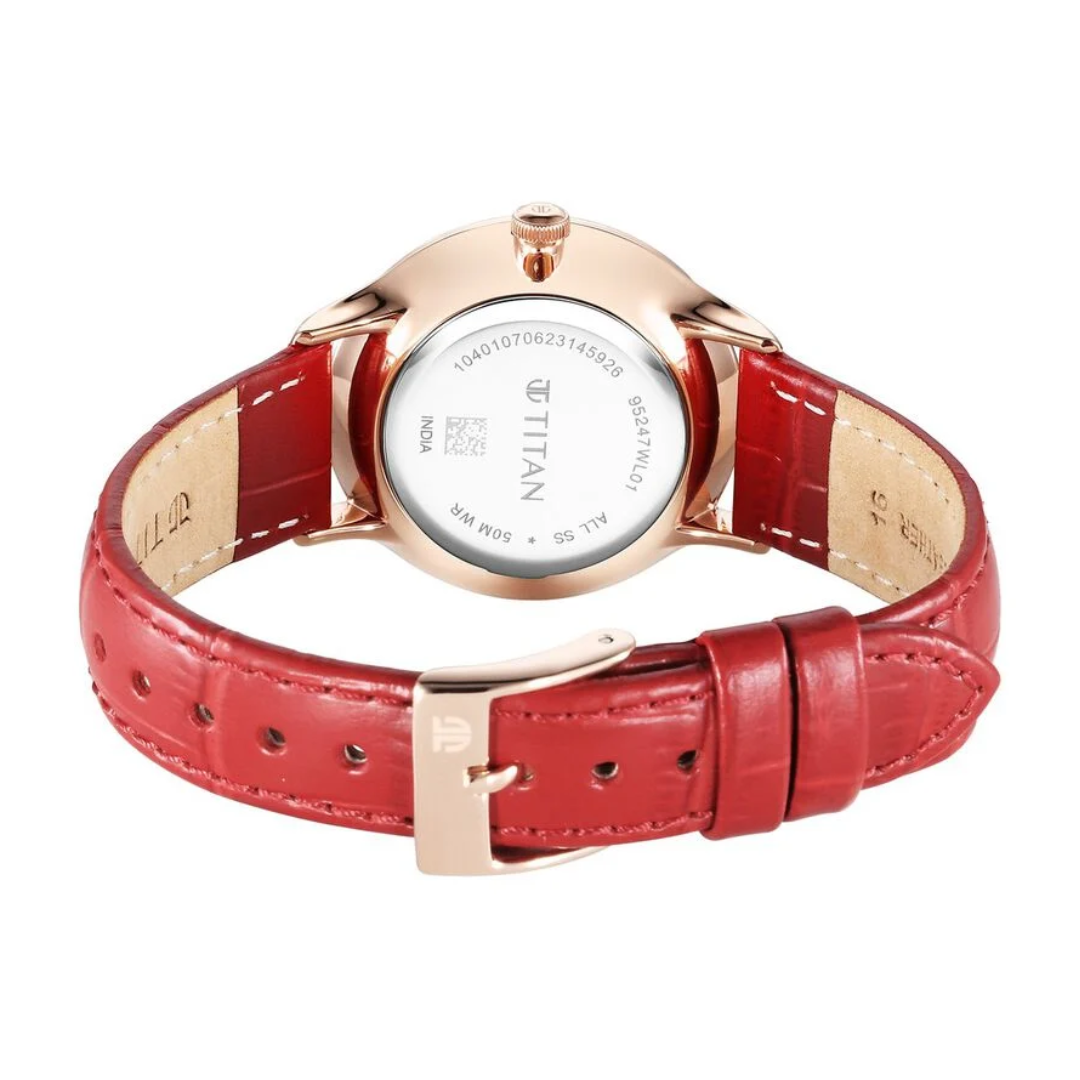 Titan Bright Leathers Silver Dial Analog with Date Red Leather Strap Watch for Women 95247WL01 / NS95247WL01