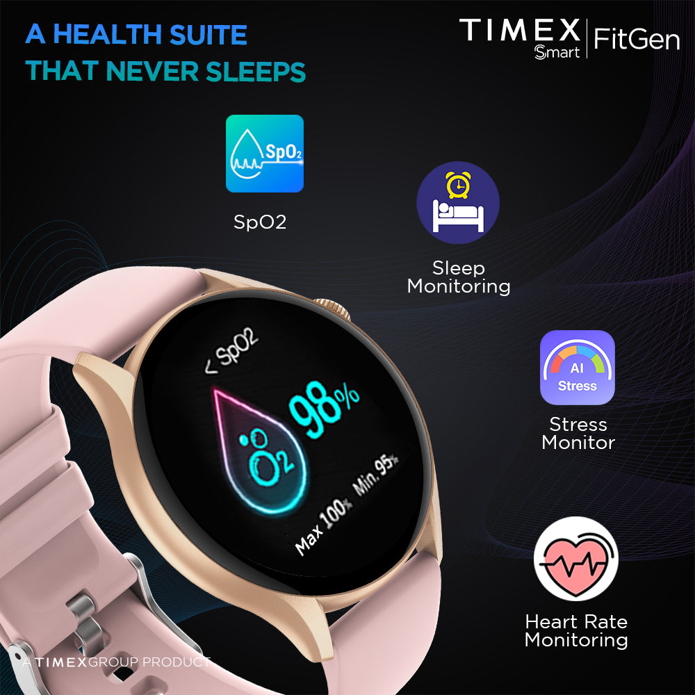 Timex FitGen 1.43" Round AMOLED Smartwatch With 466x466 Pixel Resolution|Single Sync Bluetooth Calling| Rotating Crown| Metallic Body|Always On Display|AI Voice Assist|100+ Sports Modes|200+ Watchfaces|Upto 7 Days Battery(Normal Usage) - TWTXW503T
