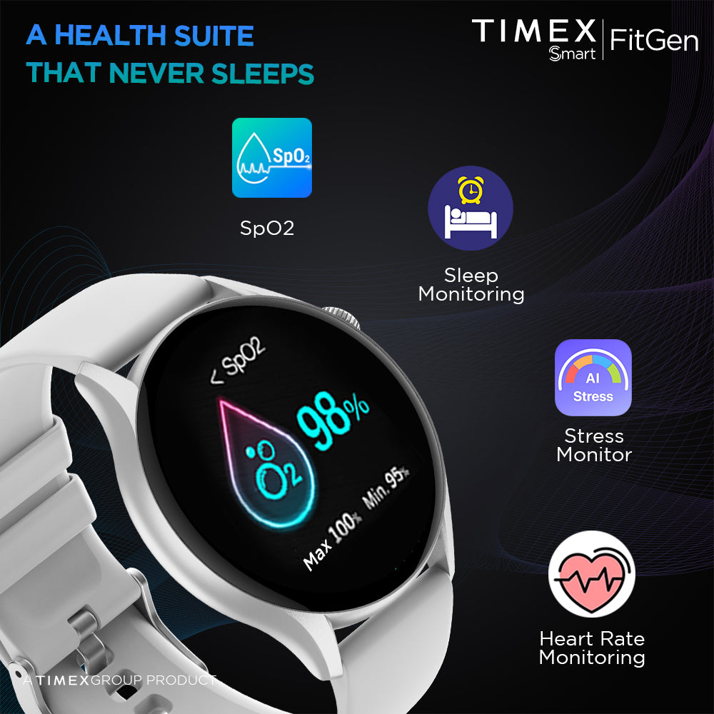 Timex FitGen 1.43" Round AMOLED Smartwatch With 466x466 Pixel Resolution|Single Sync Bluetooth Calling| Rotating Crown| Metallic Body|Always On Display|AI Voice Assist|100+ Sports Modes|200+ Watchfaces|Upto 7 Days Battery(Normal Usage) - TWTXW502T