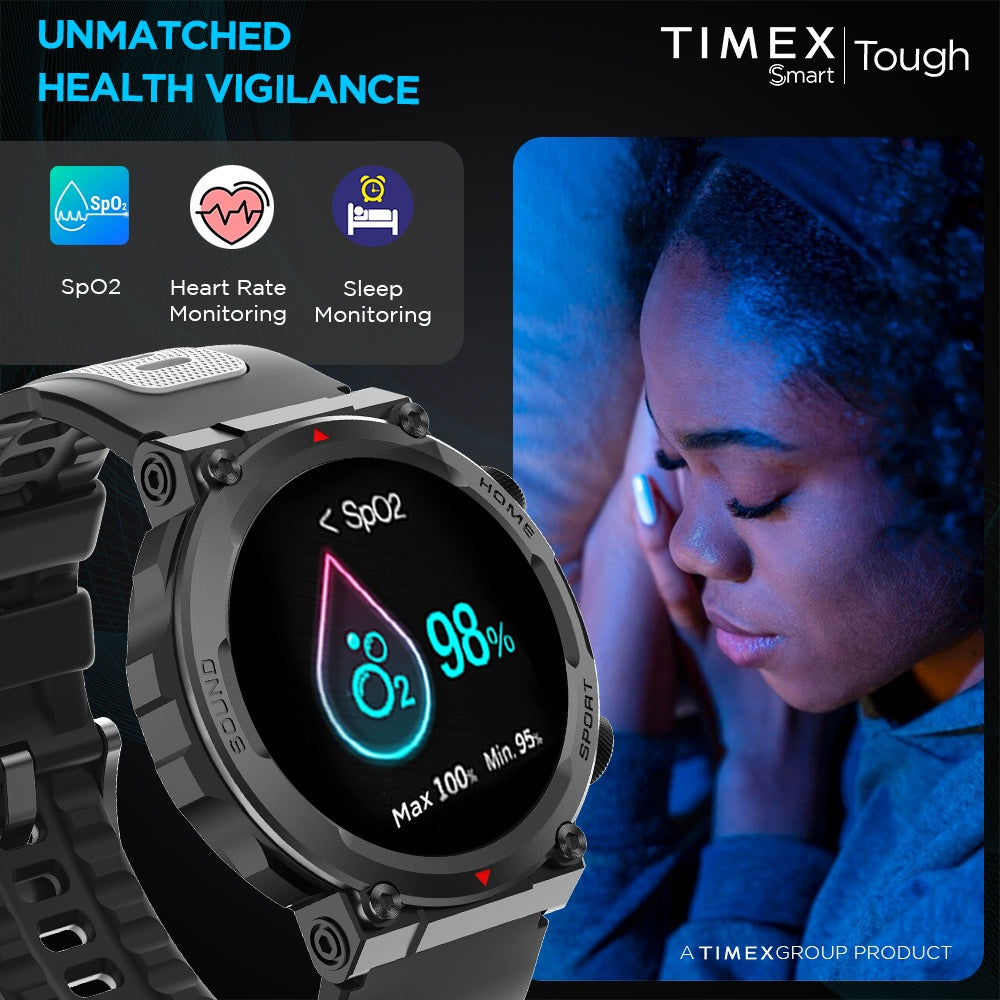 Timex Tough 1.43” Round AMOLED Rugged Smartwatch With 466x466 Pixel Resolution| Functional Crown|Bluetooth Calling| Metallic Body|Always On Display|AI Voice Assist|100+ Sports Modes|100+ Watchfaces|Upto 7 Days Battery(Normal Usage) - TWTXW603T