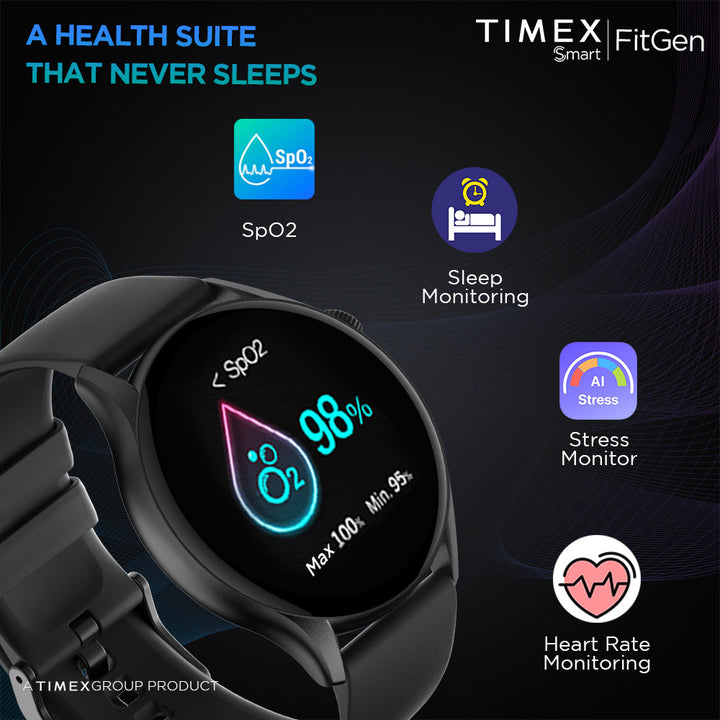 Timex FitGen 1.43" Round AMOLED Smartwatch With 466x466 Pixel Resolution|Single Sync Bluetooth Calling| Rotating Crown| Metallic Body|Always On Display|AI Voice Assist|100+ Sports Modes|200+ Watchfaces|Upto 7 Days Battery(Normal Usage) - TWTXW500T