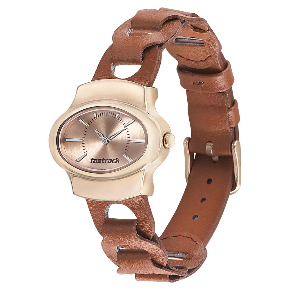Fastrack Hitlist Quartz Analog Rose Gold Dial Leather Strap Watch for Girls NS6004WL01
