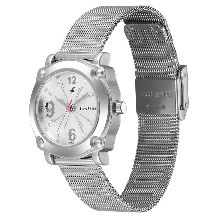 Fastrack Quartz Analog Silver Dial Stainless Steel Strap Watch for Girls NP6027SM01