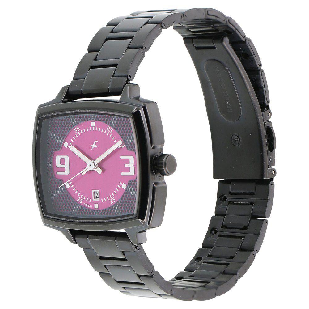 Fastrack Loopholes Quartz Analog with Date Pink Dial Stainless Steel Strap Watch for Girls 6167NM01