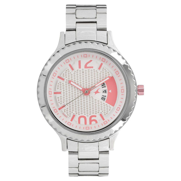 Fastrack Loopholes Quartz Analog with Date White Dial Stainless Steel Strap Watch for Girls 6168SM02