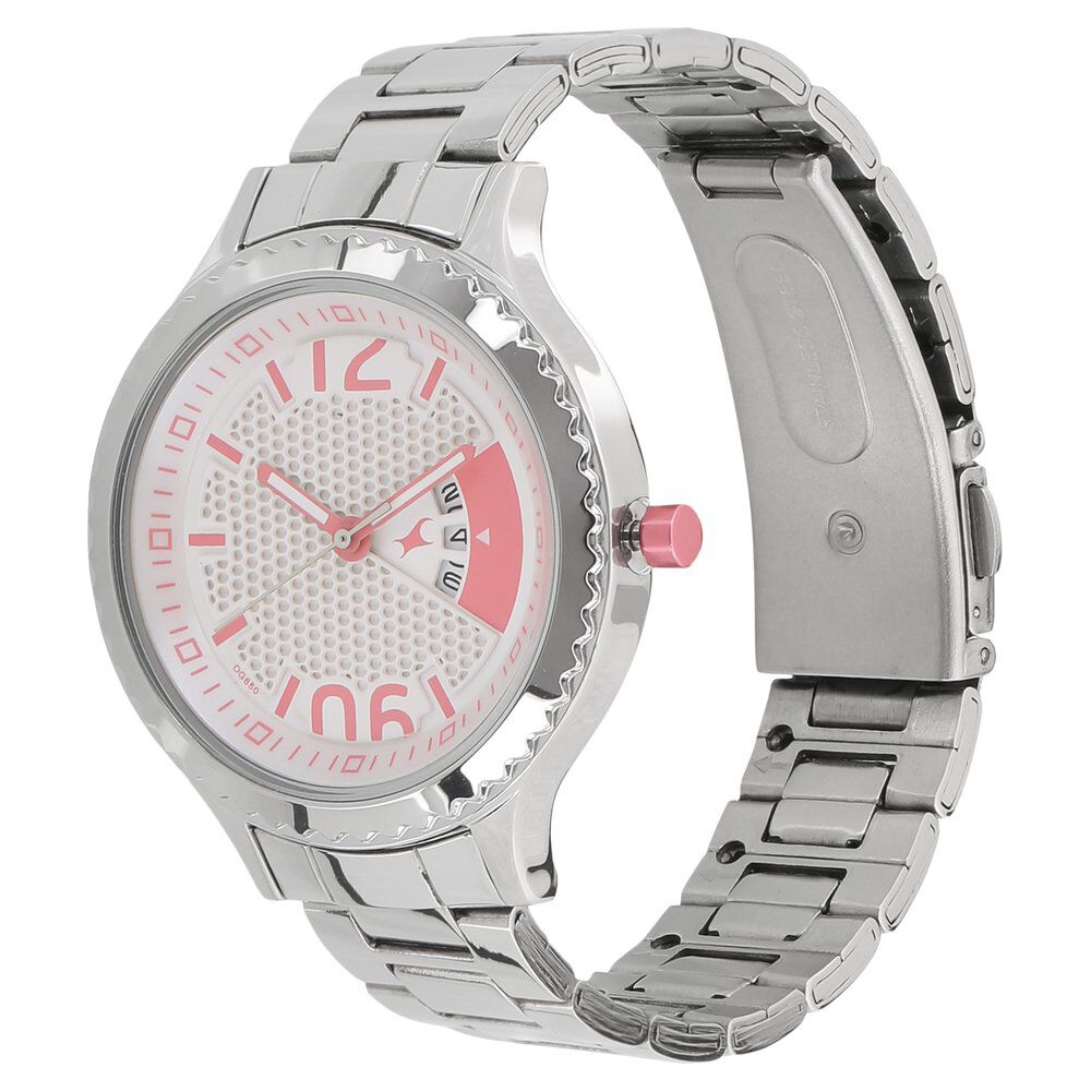 Fastrack Loopholes Quartz Analog with Date White Dial Stainless Steel Strap Watch for Girls 6168SM02
