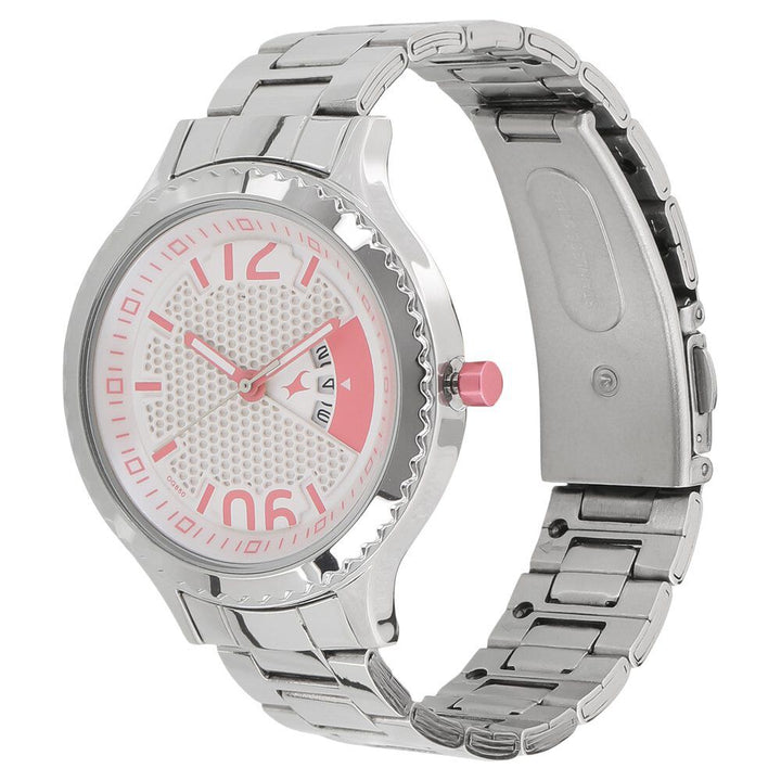 Fastrack Loopholes Quartz Analog with Date White Dial Stainless Steel Strap Watch for Girls 6168SM02