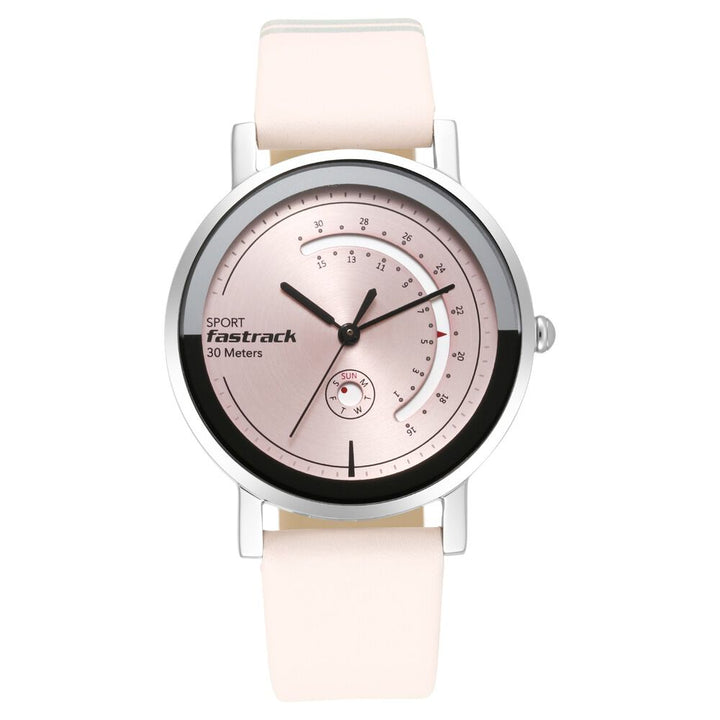 Fastrack Wear Your Look Quartz Analog with Day and Date Pink Dial Leather Strap Watch for Girls NS6172SL03