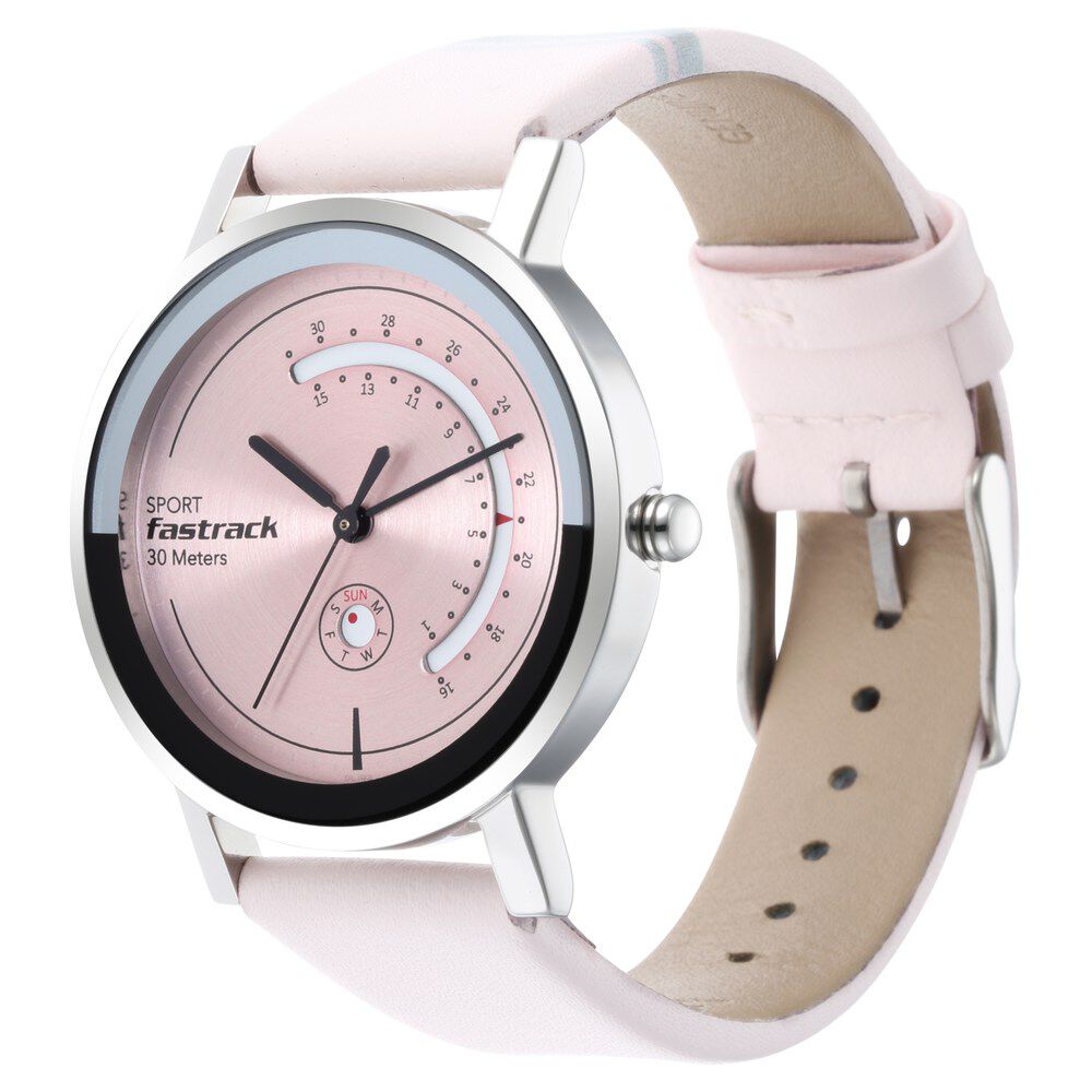 Fastrack Wear Your Look Quartz Analog with Day and Date Pink Dial Leather Strap Watch for Girls NS6172SL03