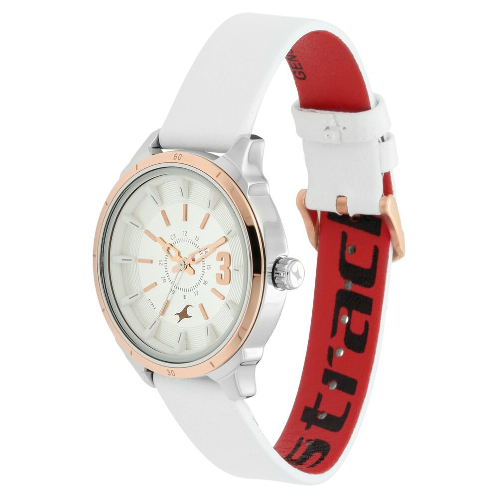 Fastrack All Nighters Quartz Analog White Dial Leather Strap Watch for Girls NP6187KL01