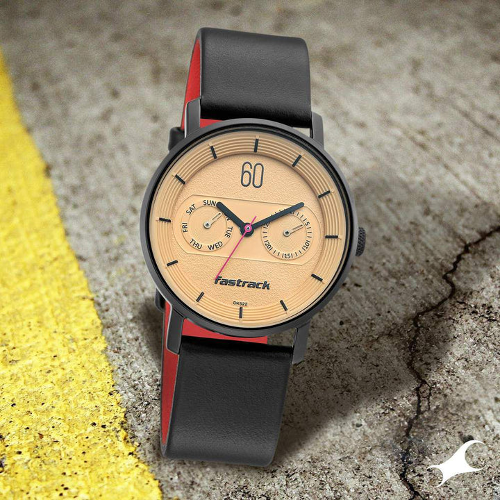 Fastrack Quartz Analog with Day and Date Beige Dial Leather Strap Watch for Girls NP6198NL01