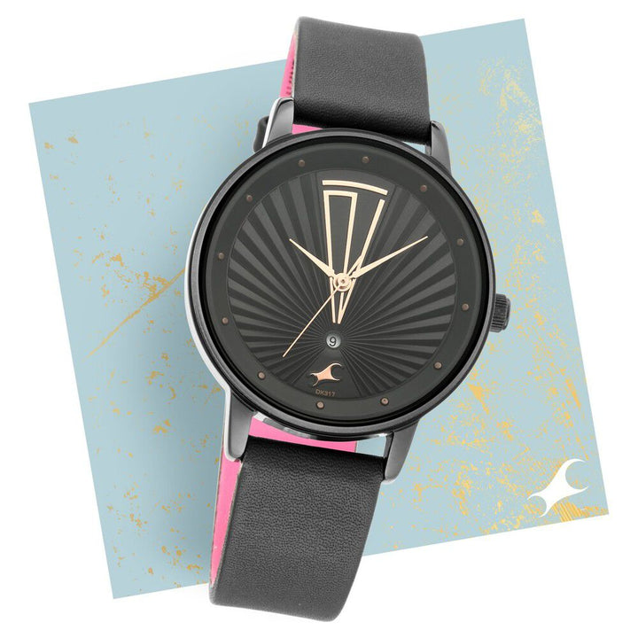 Fastrack Ruffles Quartz Analog with Date Black Dial Leather Strap Watch for Girls NR6206NL02