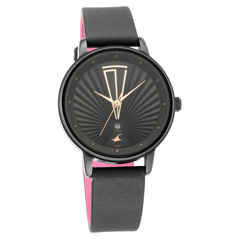 Fastrack Ruffles Quartz Analog with Date Black Dial Leather Strap Watch for Girls NR6206NL02