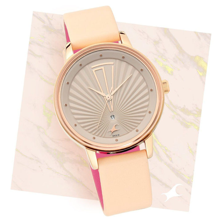 Fastrack Ruffles Quartz Analog with Date Beige Dial Leather Strap Watch for Girls NS6206WL01