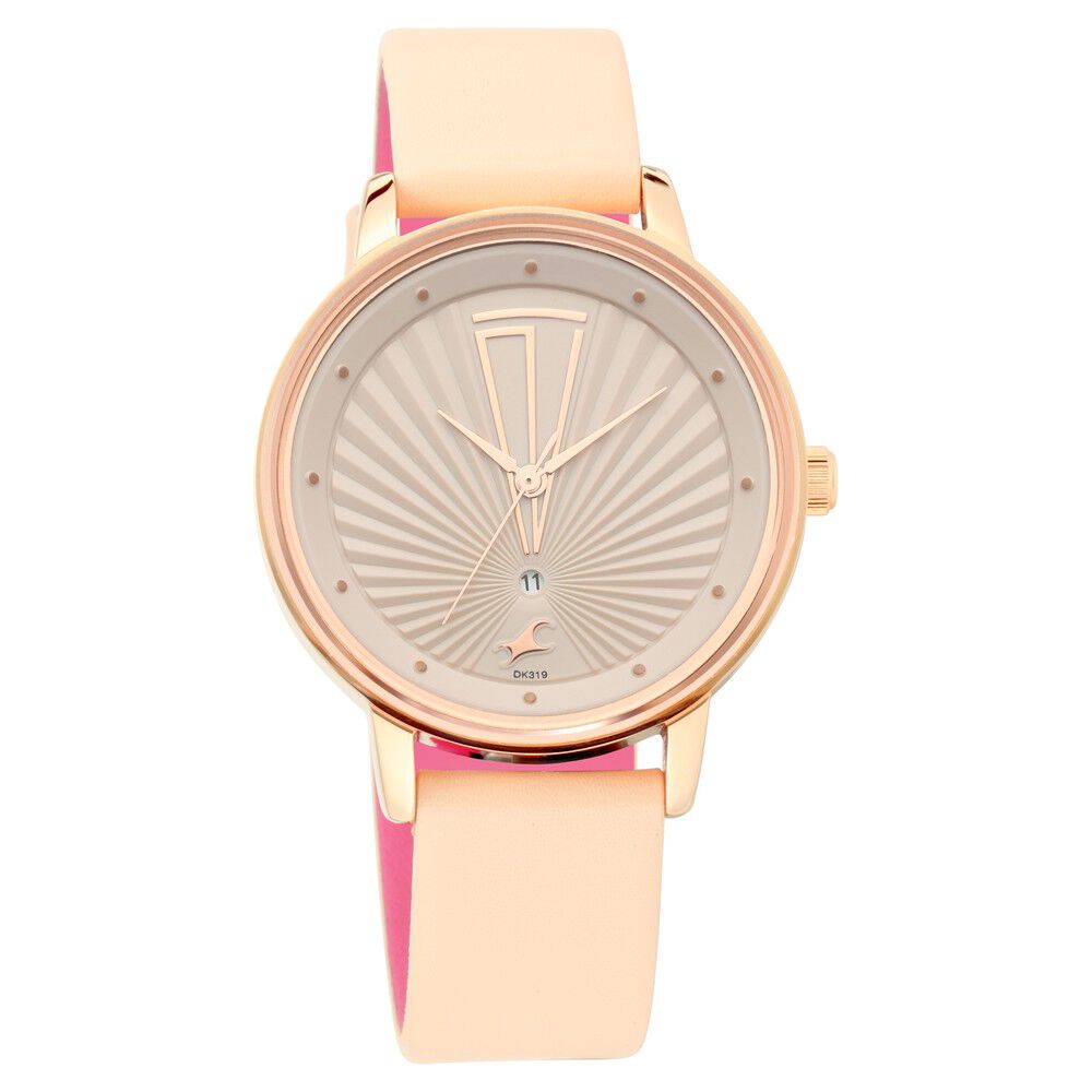 Fastrack Ruffles Quartz Analog with Date Beige Dial Leather Strap Watch for Girls NS6206WL01