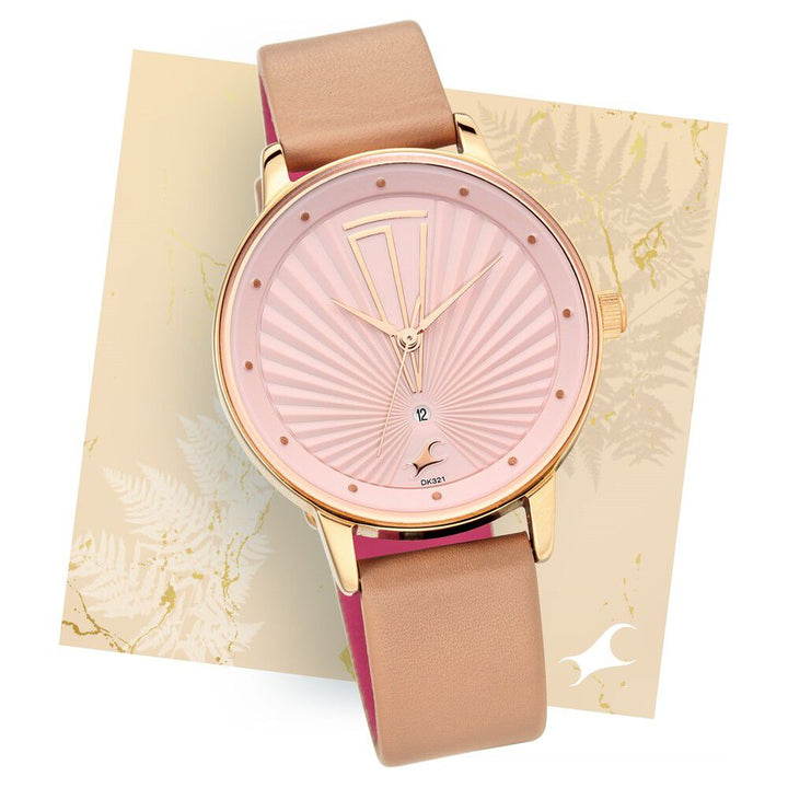 Fastrack Ruffles Quartz Analog with Date Pink Dial Leather Strap Watch for Girls NS6206WL02