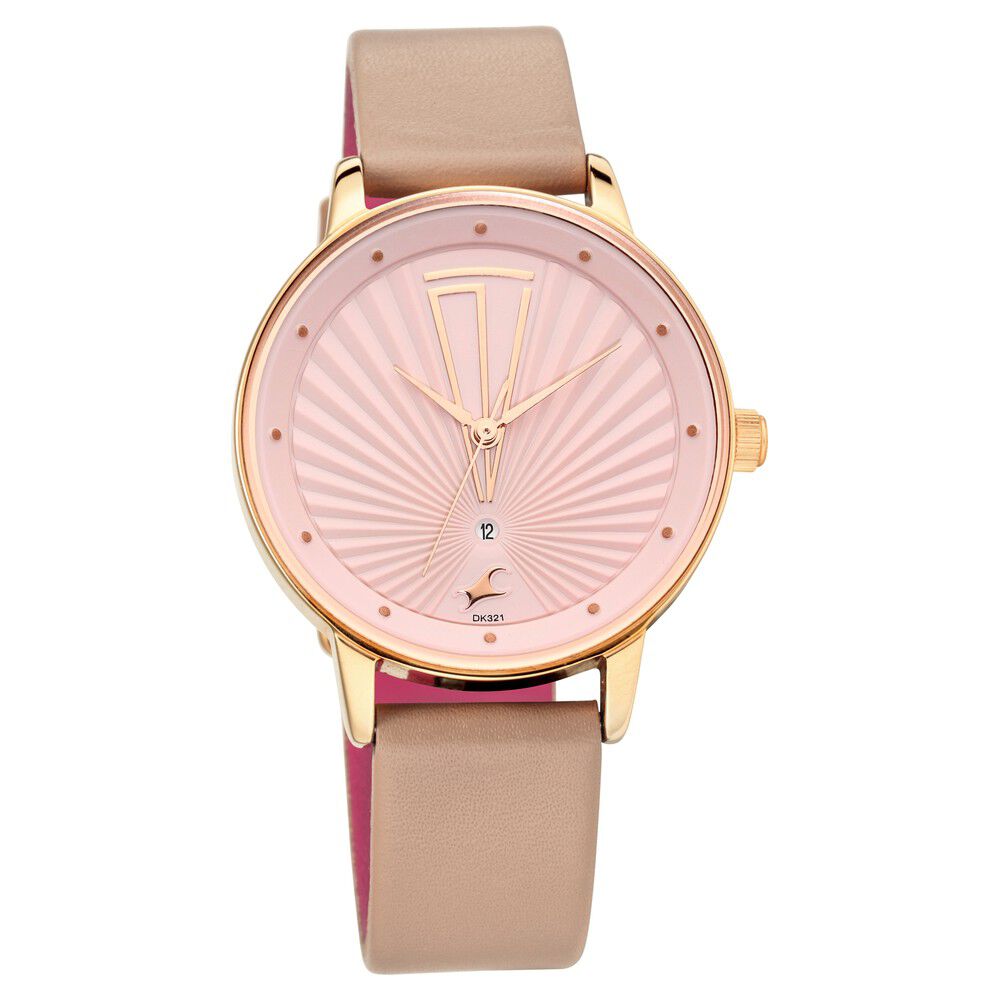 Fastrack Ruffles Quartz Analog with Date Pink Dial Leather Strap Watch for Girls NS6206WL02