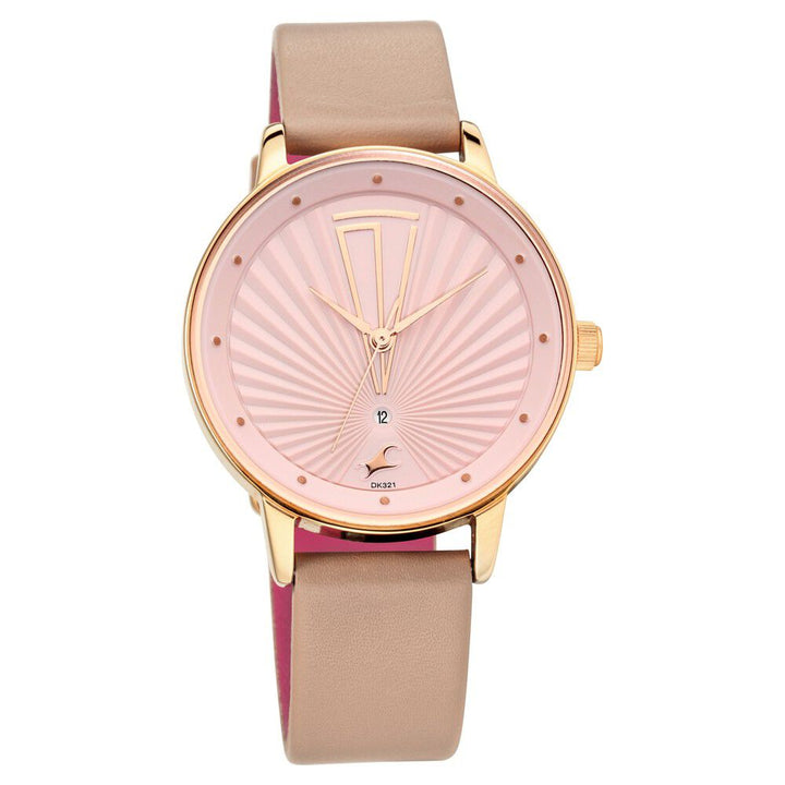 Fastrack Ruffles Quartz Analog with Date Pink Dial Leather Strap Watch for Girls NS6206WL02