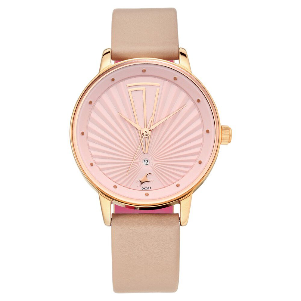 Fastrack Ruffles Quartz Analog with Date Pink Dial Leather Strap Watch for Girls NS6206WL02
