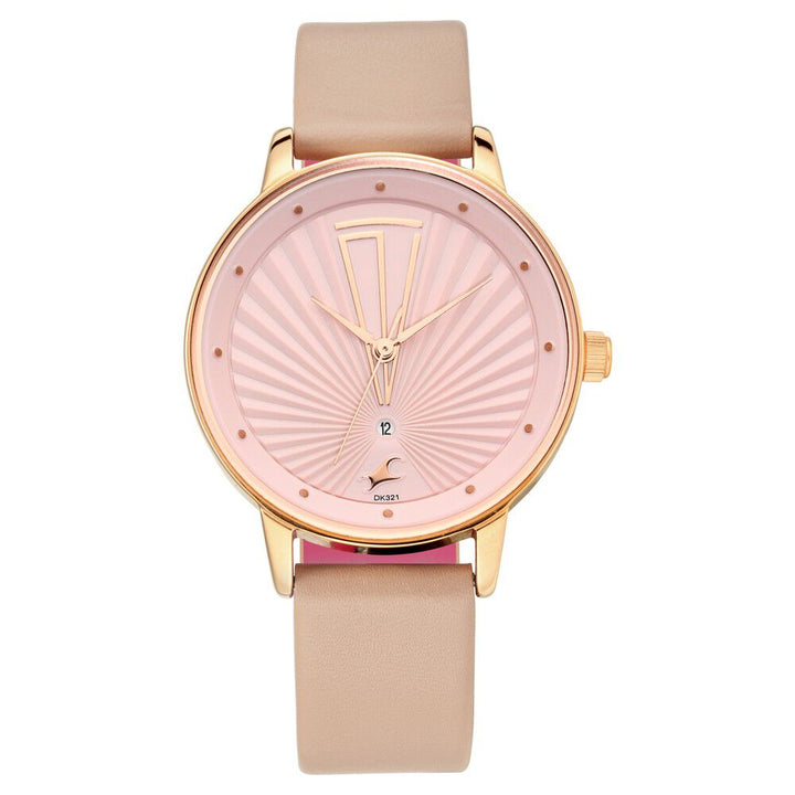 Fastrack Ruffles Quartz Analog with Date Pink Dial Leather Strap Watch for Girls NS6206WL02
