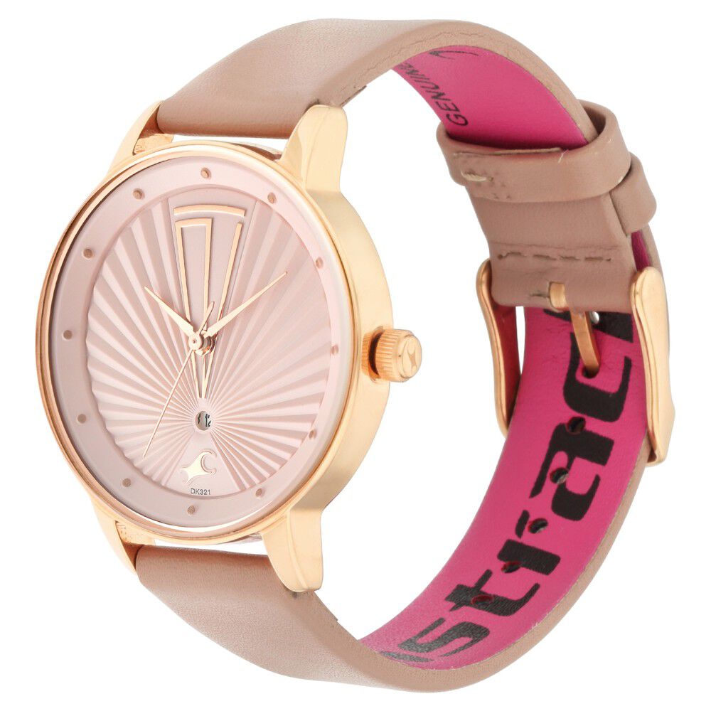 Fastrack Ruffles Quartz Analog with Date Pink Dial Leather Strap Watch for Girls NS6206WL02