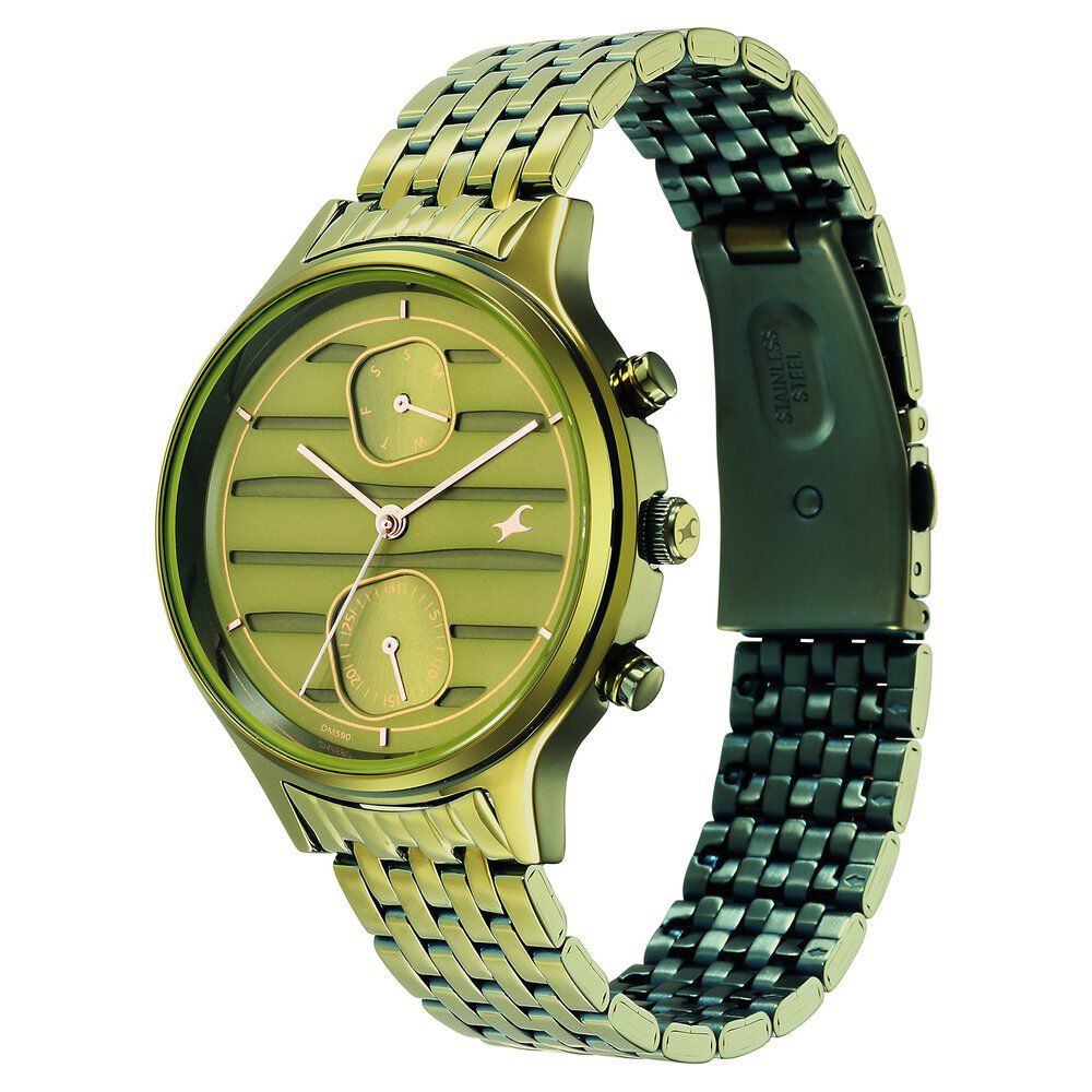 Fastrack Style Up Green Dial Stainless Steel Strap Watch for Girls NS6207QM02